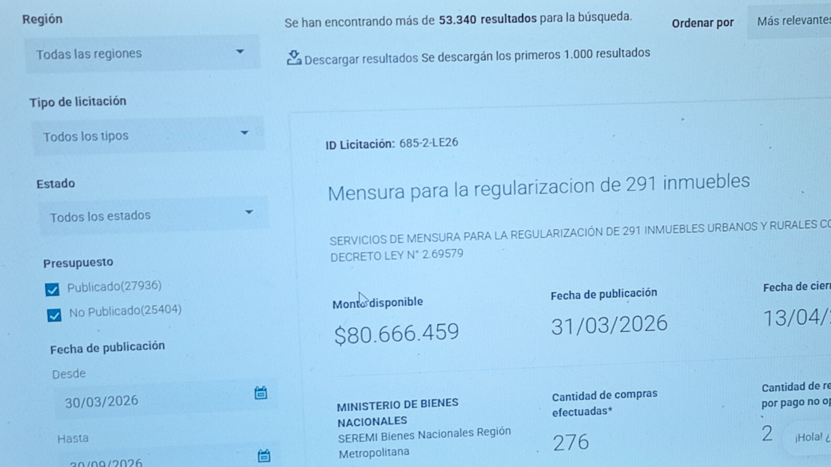 Captura de pantalla de Mercado Público con 53.340 resultados